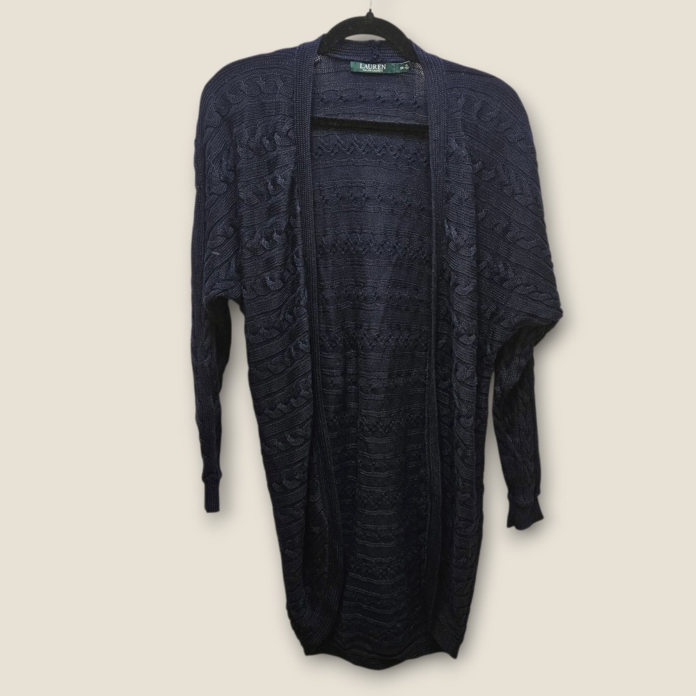 Lauren Ralph Lauren Cable Knit Open Front Cardigan Sweater Blue Dolman Women S/M